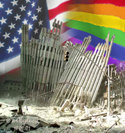 The tower ruins with a gay pride american flag in the background